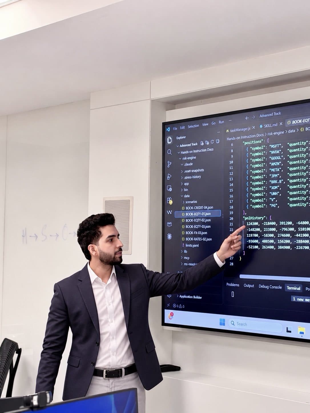Rishav Singh walking Morgan Stanley participants through a sample risk-engine repository in Claude Code