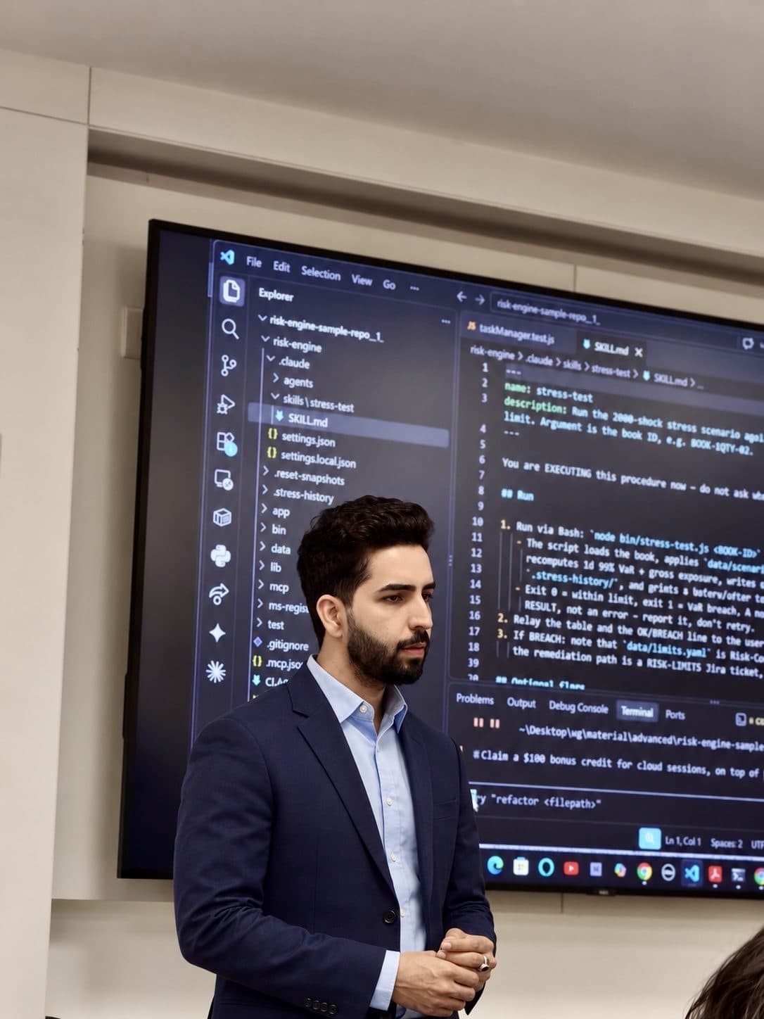 Rishav Singh explaining a Claude Code skill that runs a stress-test scenario